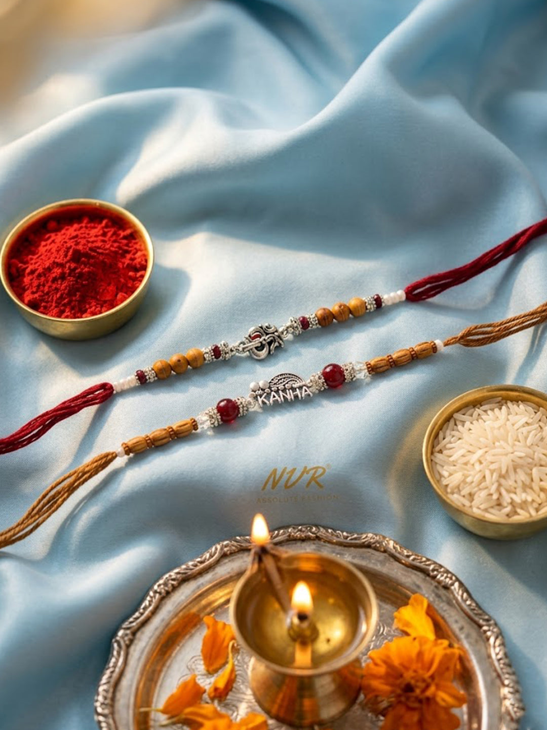 NVR Set of 2 Silver Toned Religious Rakhi Thread Rakhi Roli Chawal Chandan Mishri | Grocsy