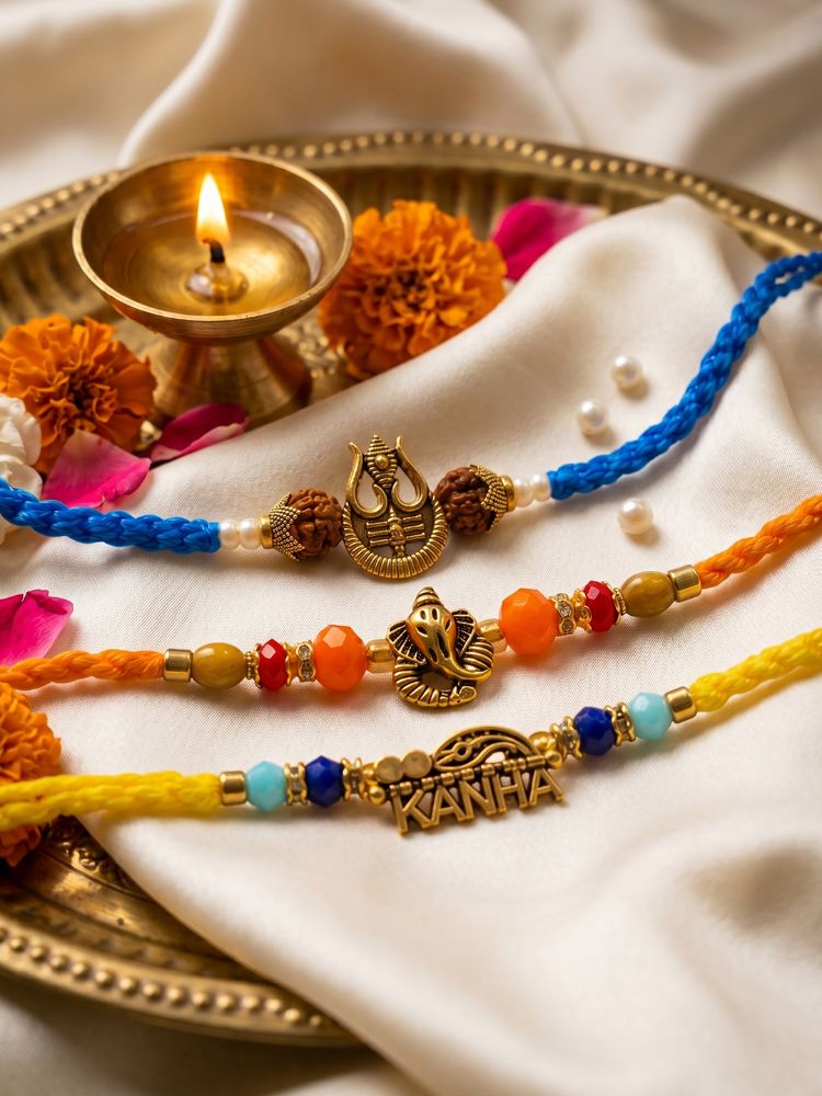 NVR Set of 3 Rudraksh Religious Rakhi Thread Rakhi Roli Chawal Chandan Mishri | Grocsy