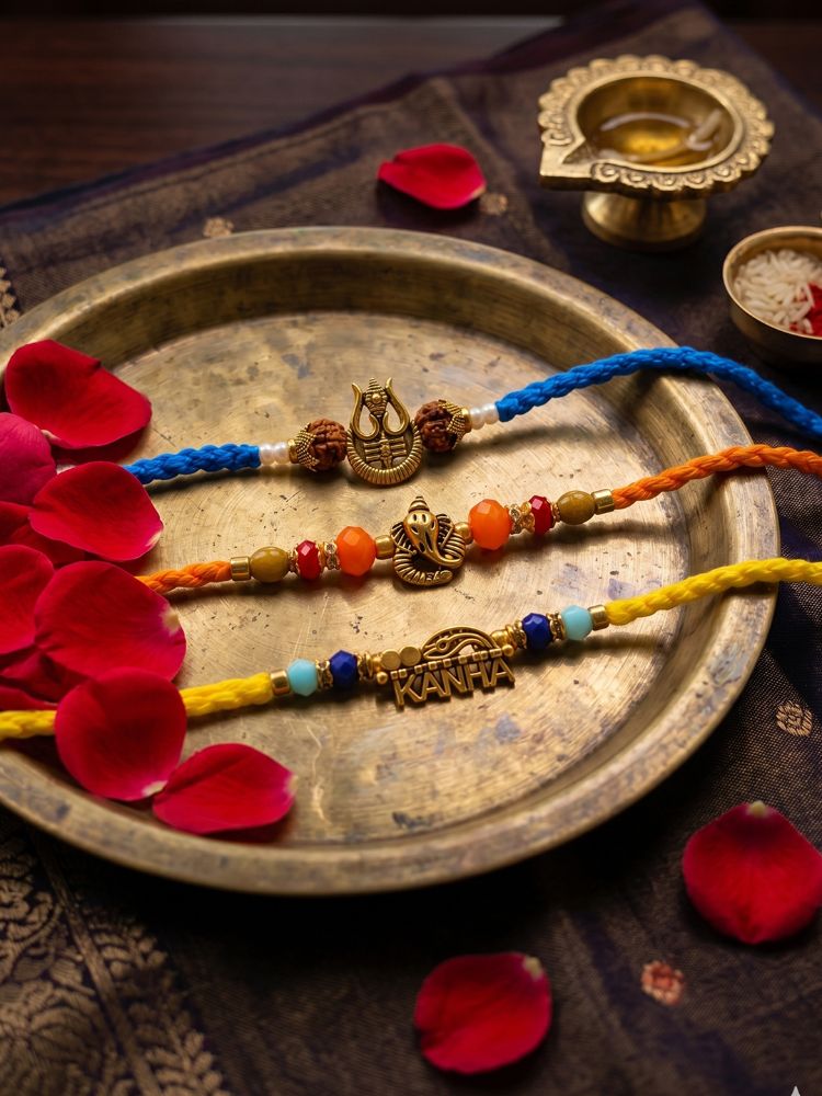 NVR Set of 3 Rudraksh Religious Rakhi Thread Rakhi Roli Chawal Chandan Mishri | Grocsy