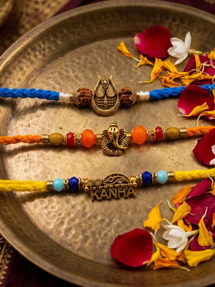 NVR Set of 3 Rudraksh Religious Rakhi Thread Rakhi Roli Chawal Chandan Mishri | Grocsy