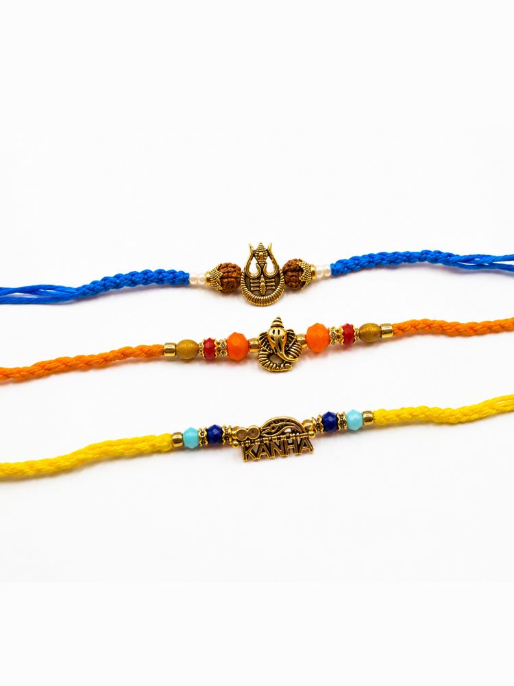 NVR Set of 3 Rudraksh Religious Rakhi Thread Rakhi Roli Chawal Chandan Mishri | Grocsy
