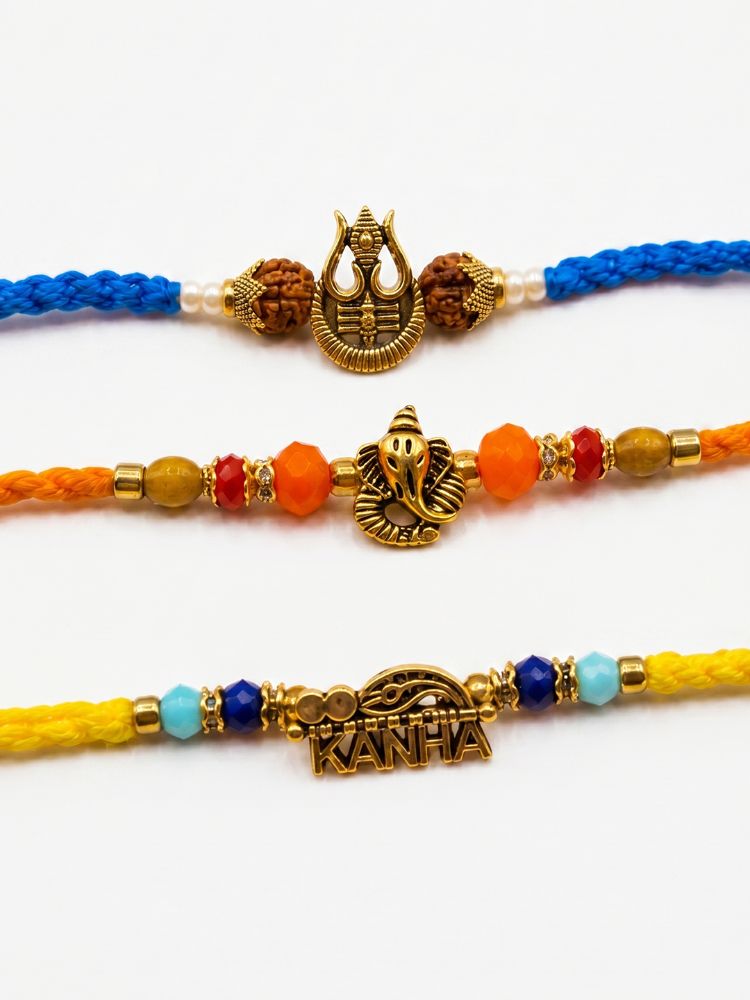 NVR Set of 3 Rudraksh Religious Rakhi Thread Rakhi Roli Chawal Chandan Mishri | Grocsy