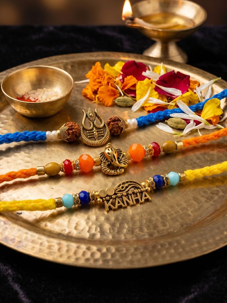 NVR Set of 3 Rudraksh Religious Rakhi Thread Rakhi Roli Chawal Chandan Mishri | Grocsy