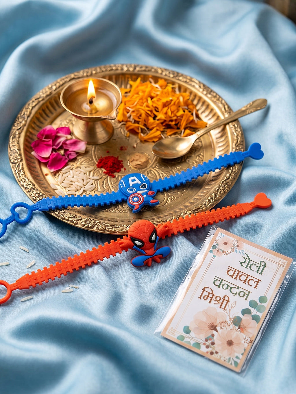 NVR Set of 2 Superhero Kids Rakhi with Roli Chawal Chandan Mishri | Grocsy