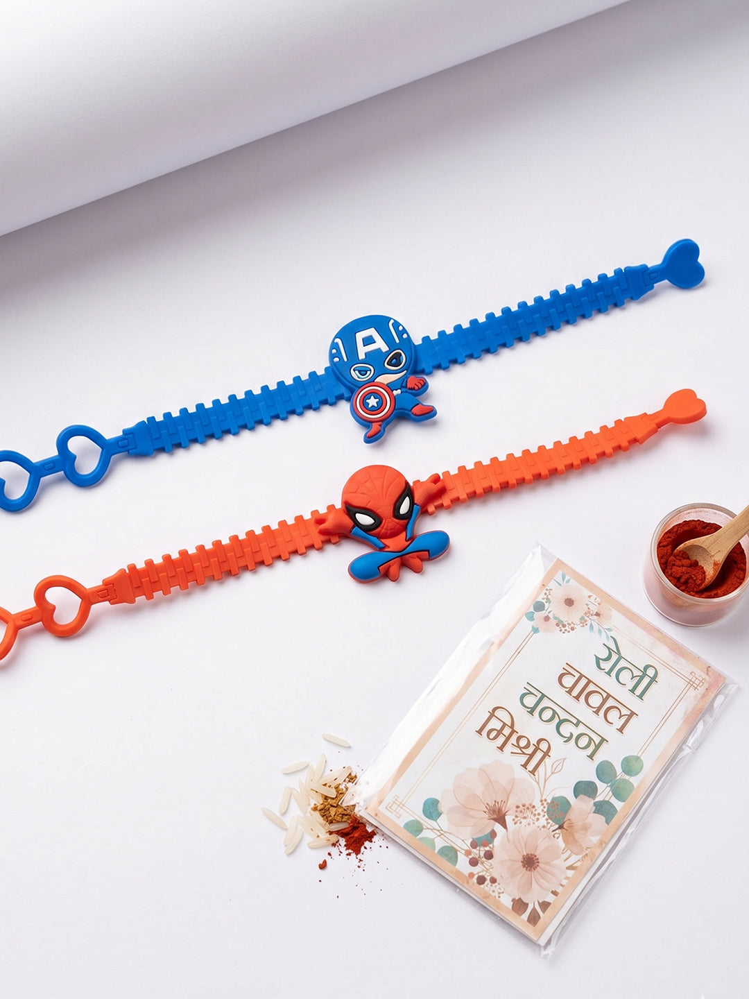 NVR Set of 2 Superhero Kids Rakhi with Roli Chawal Chandan Mishri | Grocsy