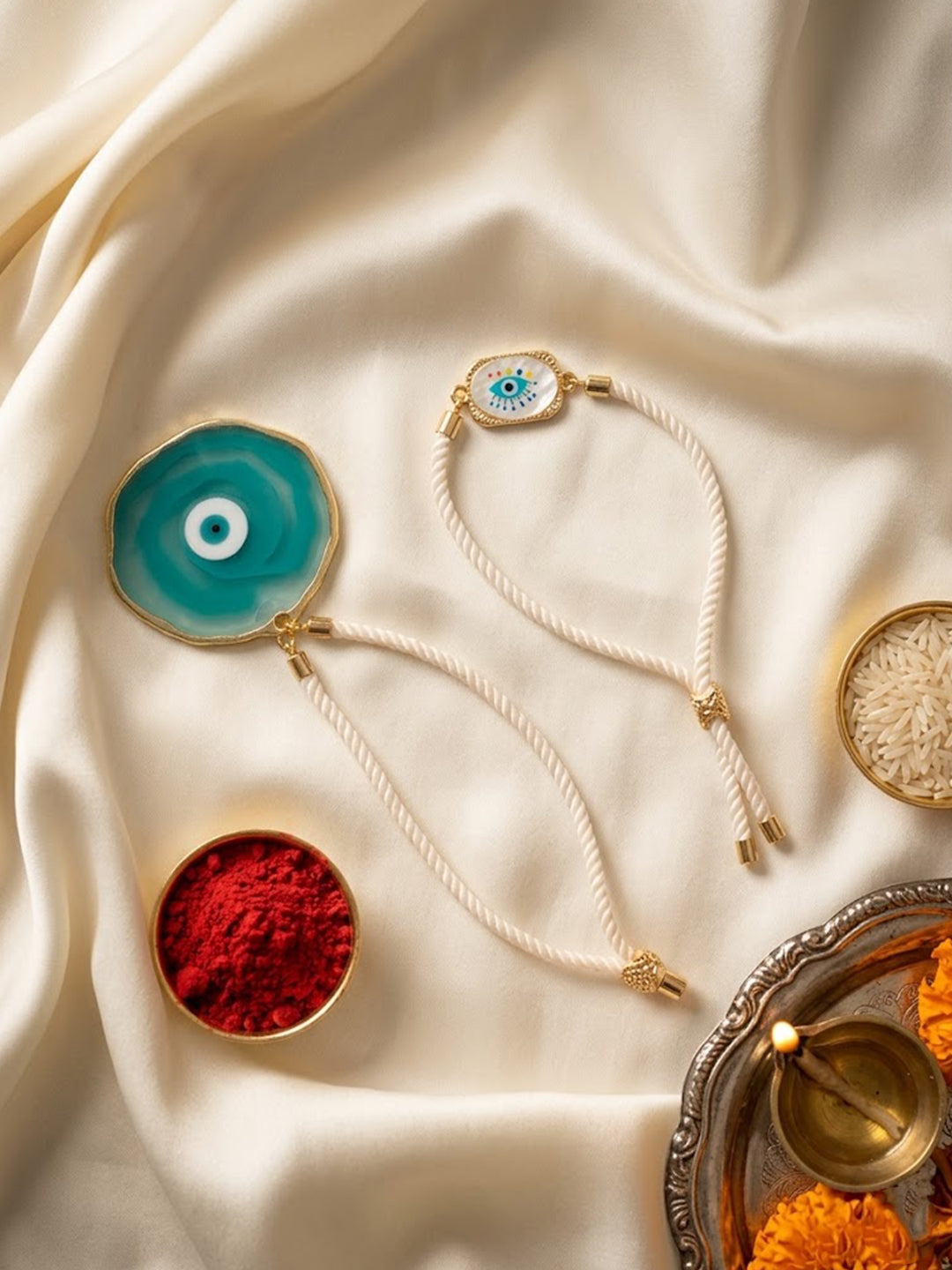 NVR Set of 2 Evil Eye Design Bhaiya Bhabhi Wraparound Rakhi with Roli Chawal Chandan | Grocsy