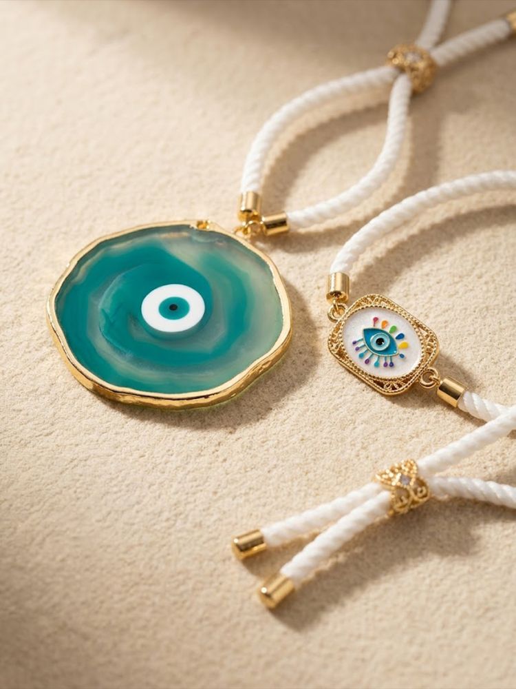 NVR Set of 2 Evil Eye Design Bhaiya Bhabhi Wraparound Rakhi with Roli Chawal Chandan | Grocsy