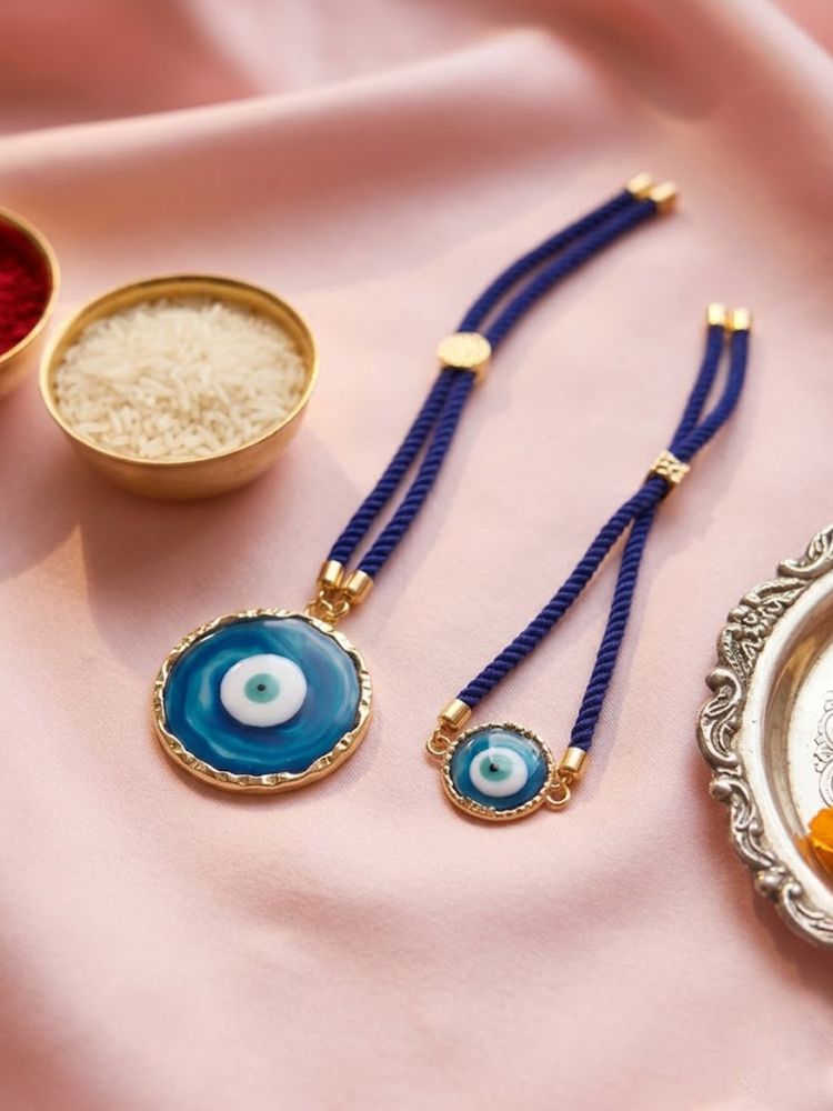 NVR Set of 2 Blue Evil Eye Design Bhaiya Bhabhi Wraparound Rakhi with Roli Chawal Chandan | Grocsy
