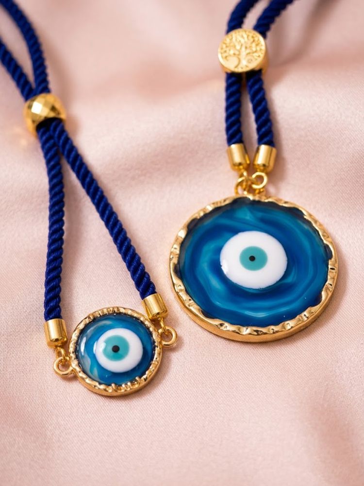 NVR Set of 2 Blue Evil Eye Design Bhaiya Bhabhi Wraparound Rakhi with Roli Chawal Chandan | Grocsy