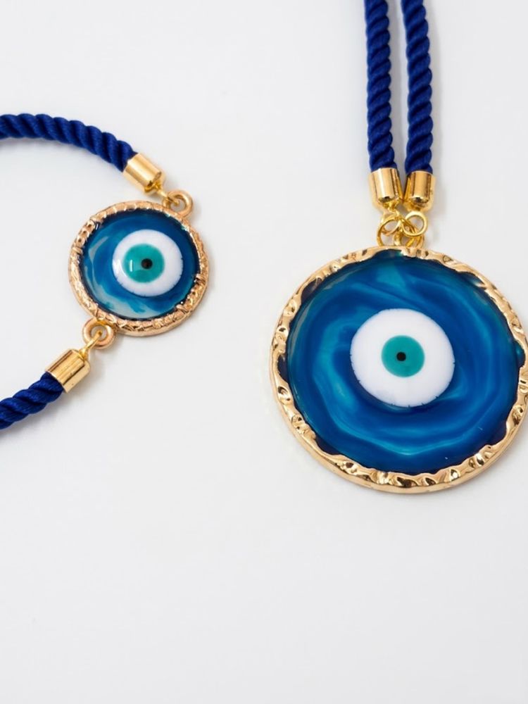 NVR Set of 2 Blue Evil Eye Design Bhaiya Bhabhi Wraparound Rakhi with Roli Chawal Chandan | Grocsy