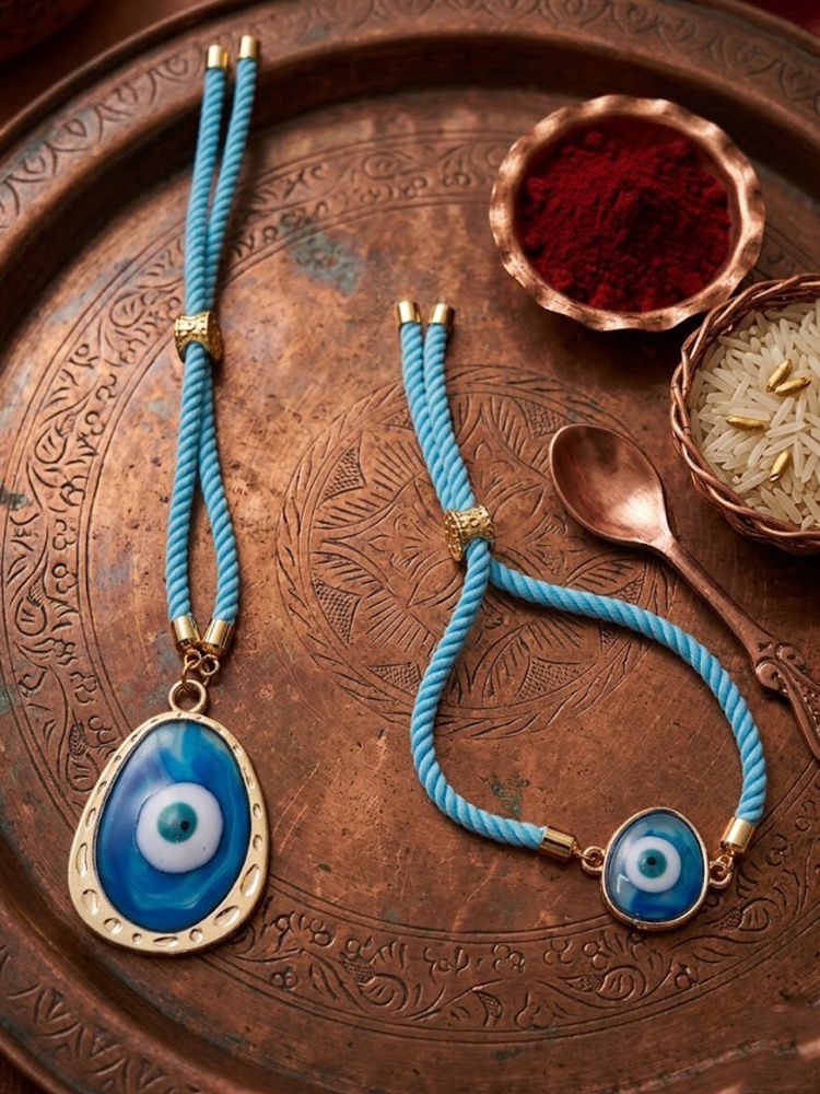 NVR Set of 2 Blue Evil Eye Bhaiya Bhabhi Wraparound Rakhi with Roli Chawal Chandan Mishri | Grocsy