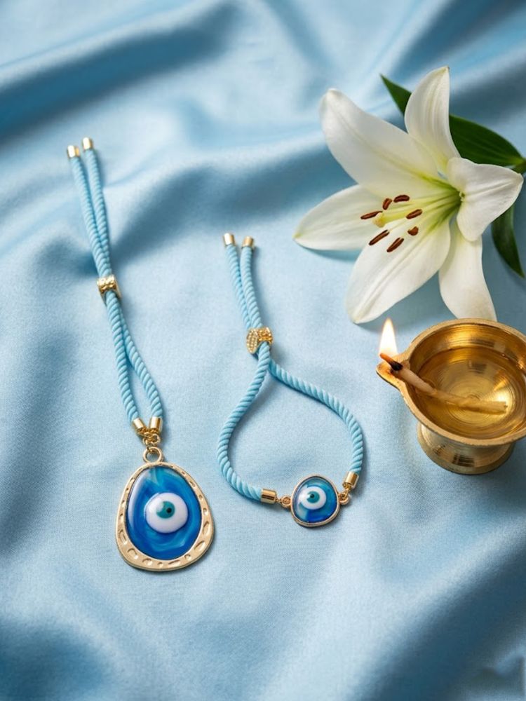 NVR Set of 2 Blue Evil Eye Bhaiya Bhabhi Wraparound Rakhi with Roli Chawal Chandan Mishri | Grocsy
