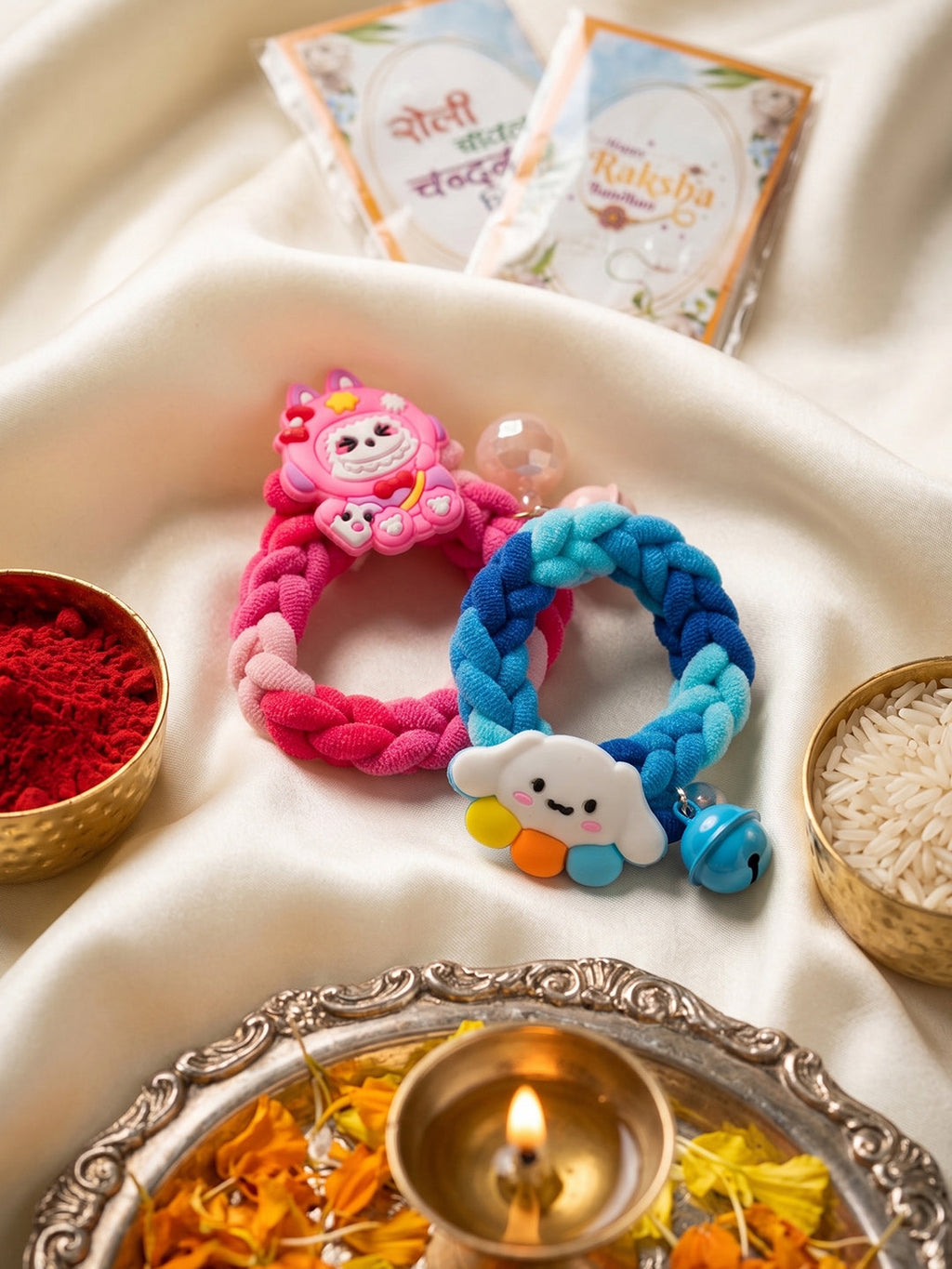 NVR Set of 2 Blue & Pink Kids Rakhi with Roli Chawal Chandan Mishri | Grocsy