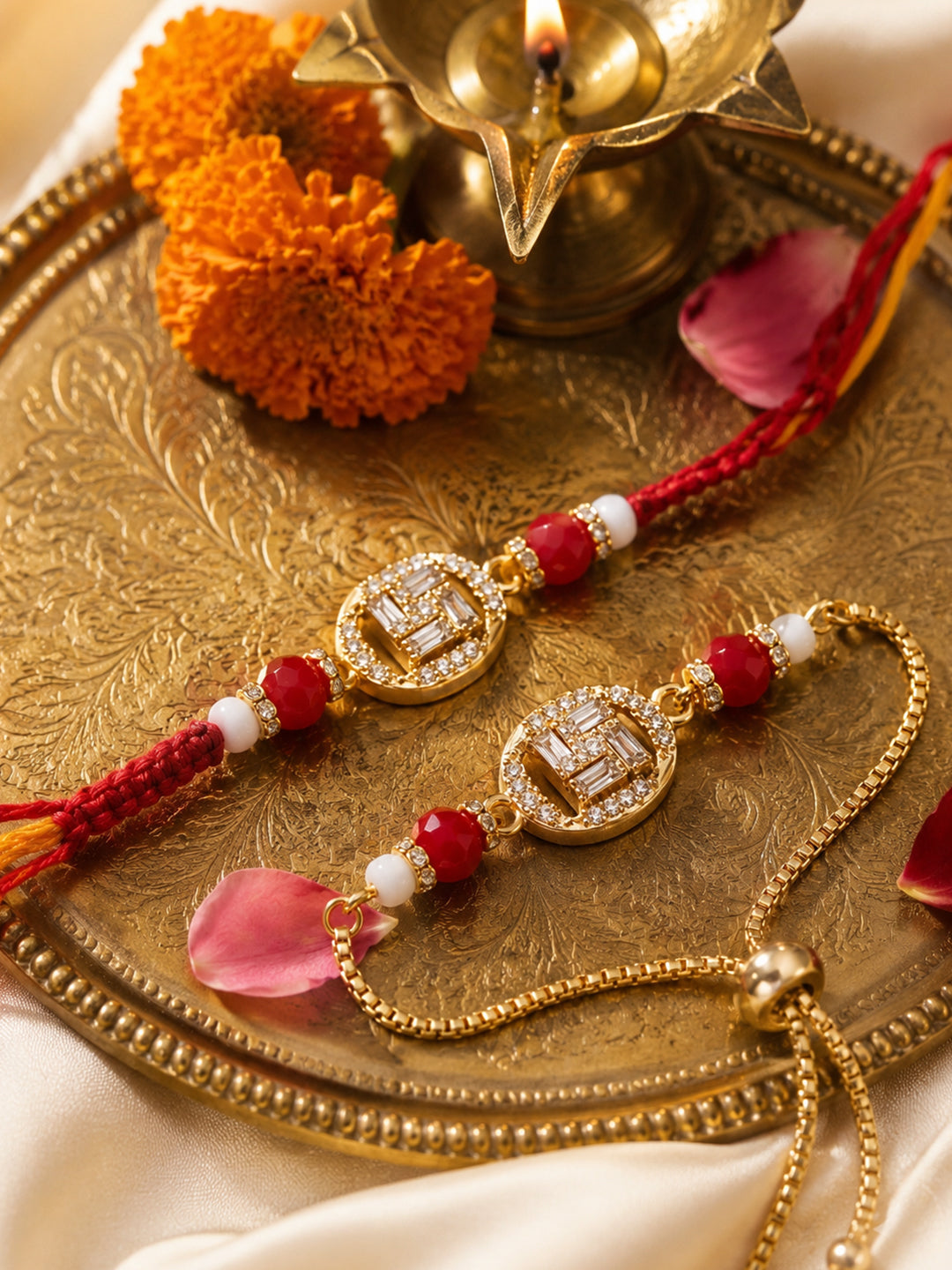 NVR Set of 2 Artificial Stones & Beads Swastik Bhaiya Bhabhi Rakhi With Roli Chawal | Grocsy