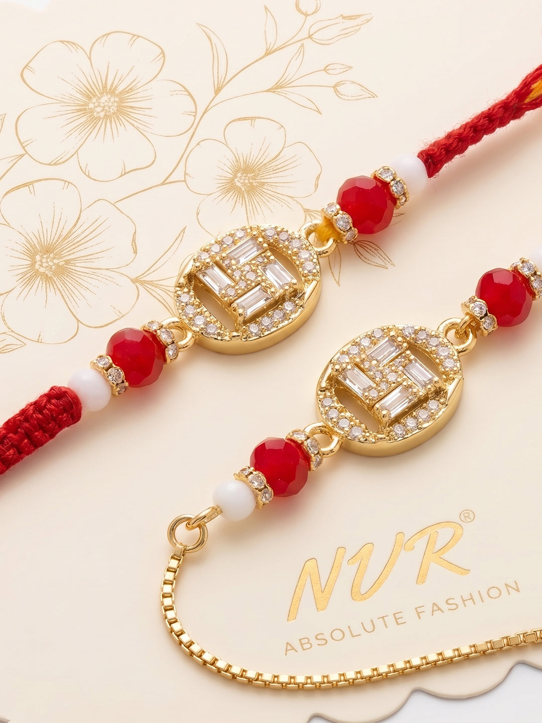 NVR Set of 2 Artificial Stones & Beads Swastik Bhaiya Bhabhi Rakhi With Roli Chawal | Grocsy