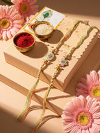 NVR Set of 2 Meenakari Floral Thread Rakhi with Roli Chawal Chandan Mishri | Grocsy