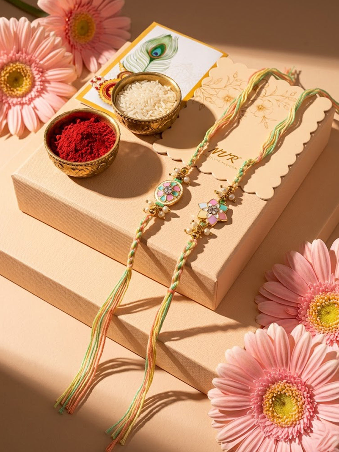 NVR Set of 2 Meenakari Floral Thread Rakhi with Roli Chawal Chandan Mishri | Grocsy