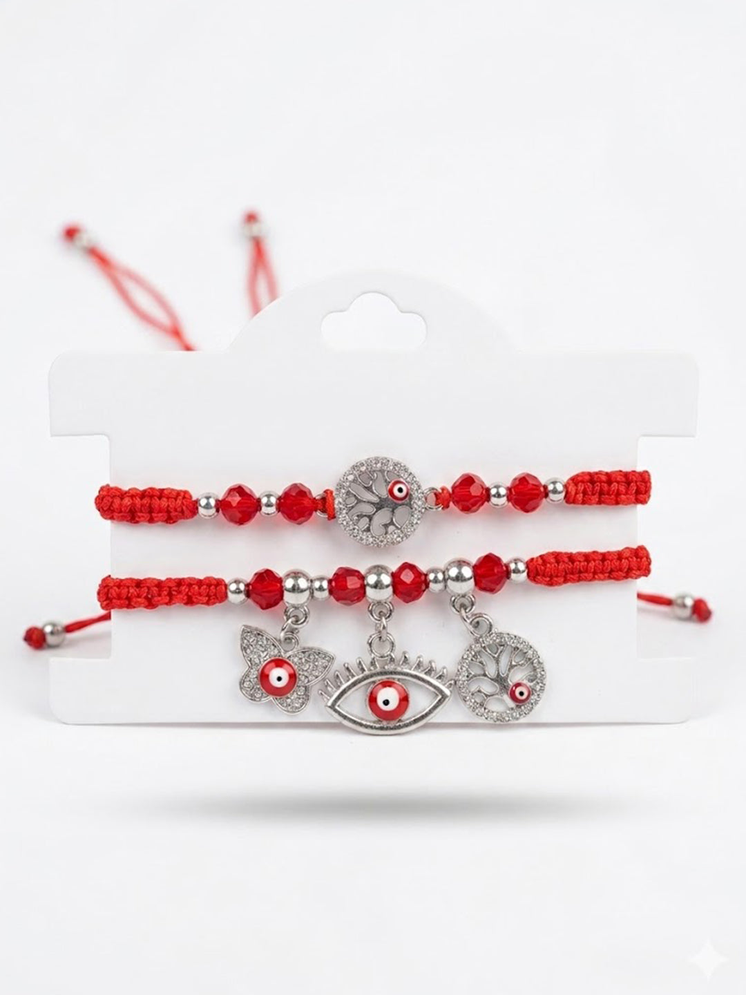 NVR Set of 2 Red & Silver Evil Eye Design Bhaiya Bhabhi Rakhi with Roli Chawal Chandan | Grocsy