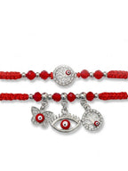 NVR Set of 2 Red & Silver Evil Eye Design Bhaiya Bhabhi Rakhi with Roli Chawal Chandan | Grocsy