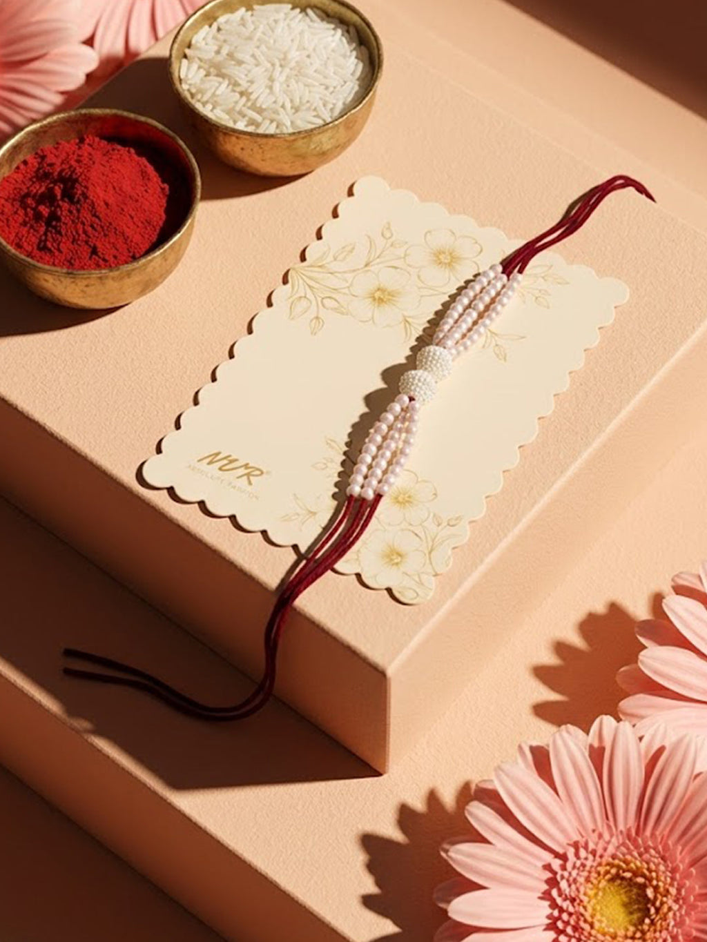 NVR White Pearls & Red Thread Rakhi with Roli Chawal Chandan Mishri | Grocsy