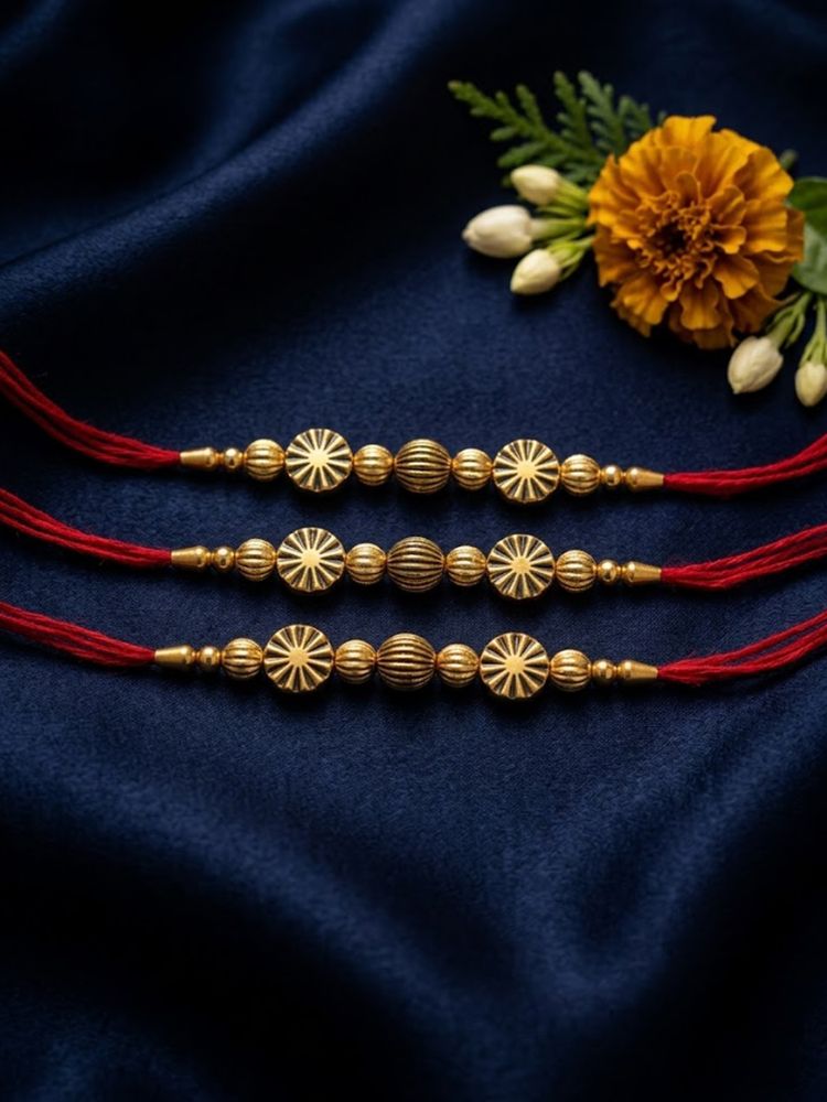 NVR Set of 3 Red & Gold Toned Artificial Stones & Beads Thread Rakhi With Roli Chawal | Grocsy