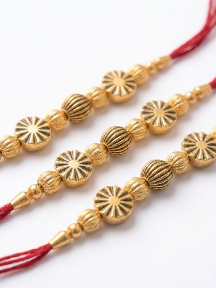 NVR Set of 3 Red & Gold Toned Artificial Stones & Beads Thread Rakhi With Roli Chawal | Grocsy