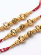 NVR Set of 3 Red & Gold Toned Artificial Stones & Beads Thread Rakhi With Roli Chawal | Grocsy