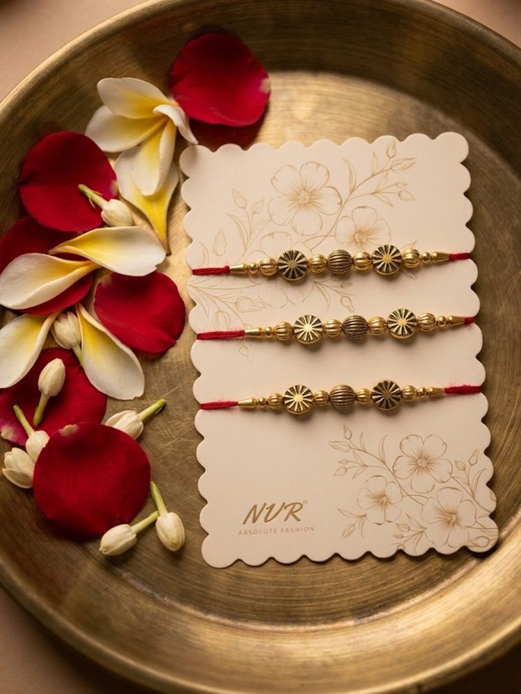 NVR Set of 3 Red & Gold Toned Artificial Stones & Beads Thread Rakhi With Roli Chawal | Grocsy
