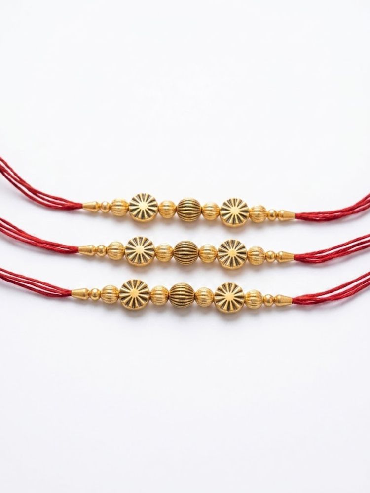 NVR Set of 3 Red & Gold Toned Artificial Stones & Beads Thread Rakhi With Roli Chawal | Grocsy