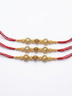 NVR Set of 3 Red & Gold Toned Artificial Stones & Beads Thread Rakhi With Roli Chawal | Grocsy
