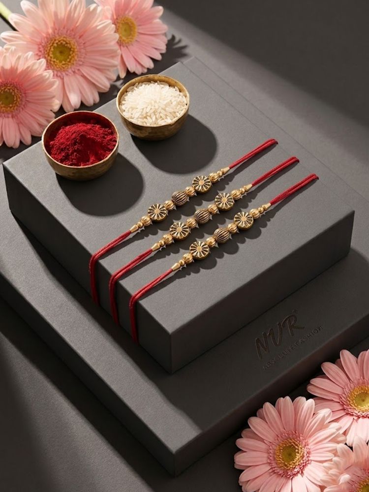 NVR Set of 3 Red & Gold Toned Artificial Stones & Beads Thread Rakhi With Roli Chawal | Grocsy