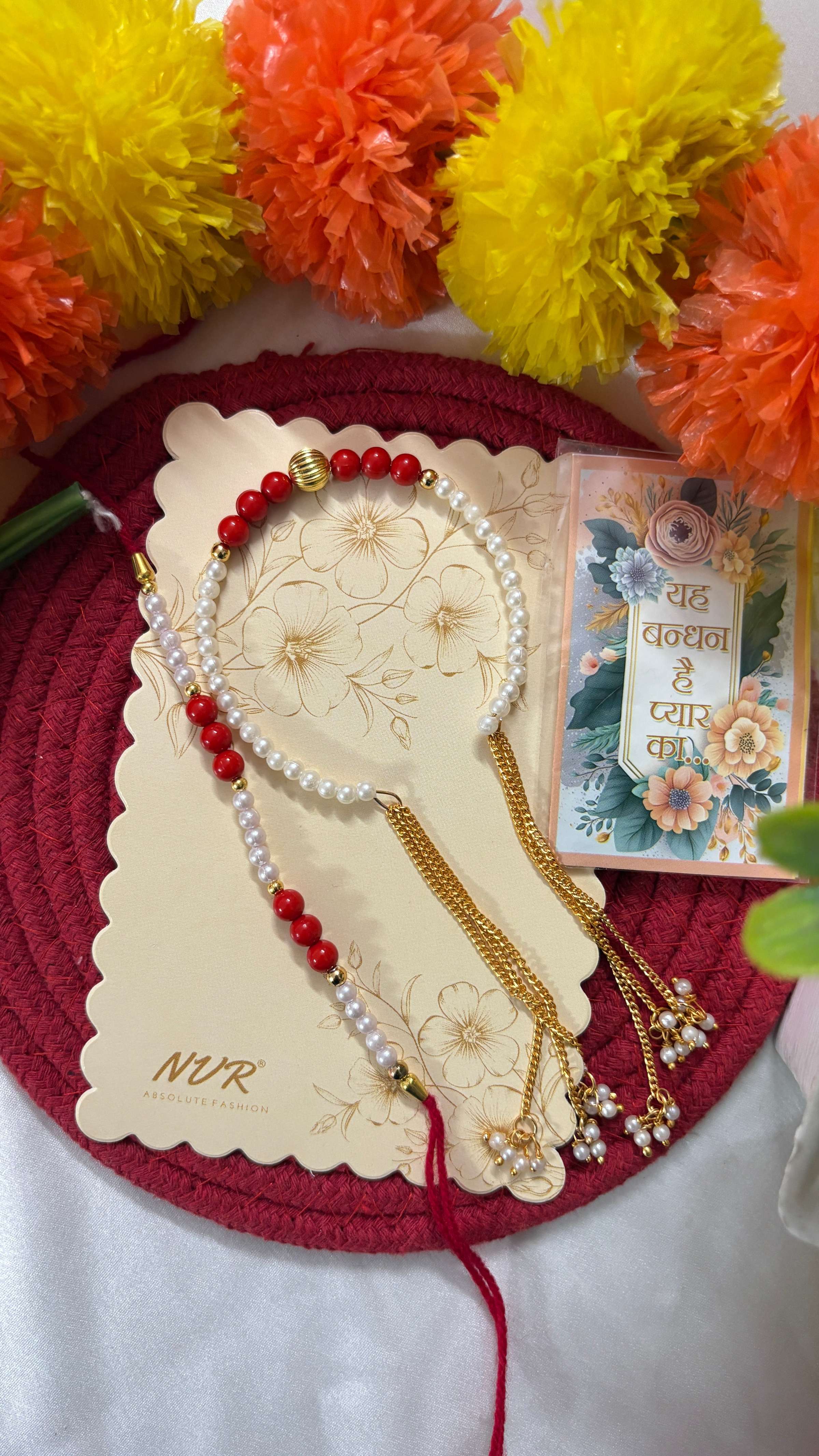 NVR Set of 2 White Pearls & Red Artificial Beads Bhaiya Bhabhi Rakhi with Roli Chawal | Grocsy