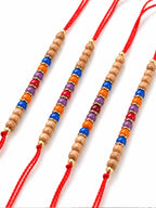 NVR Set of 4 Multicolor Circular Beads Studded Thread Rakhi with Roli Chawal Chandan | Grocsy