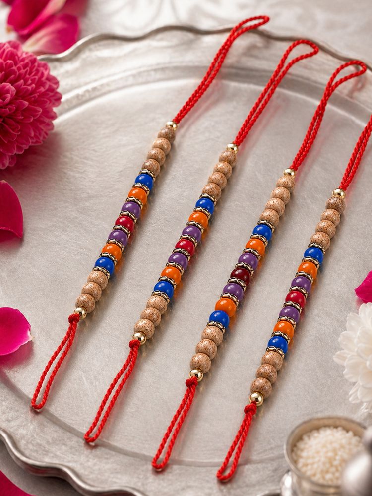 NVR Set of 4 Multicolor Circular Beads Studded Thread Rakhi with Roli Chawal Chandan | Grocsy