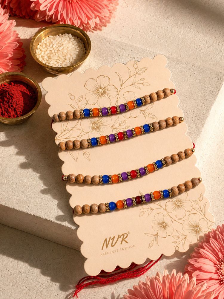 NVR Set of 4 Multicolor Circular Beads Studded Thread Rakhi with Roli Chawal Chandan | Grocsy