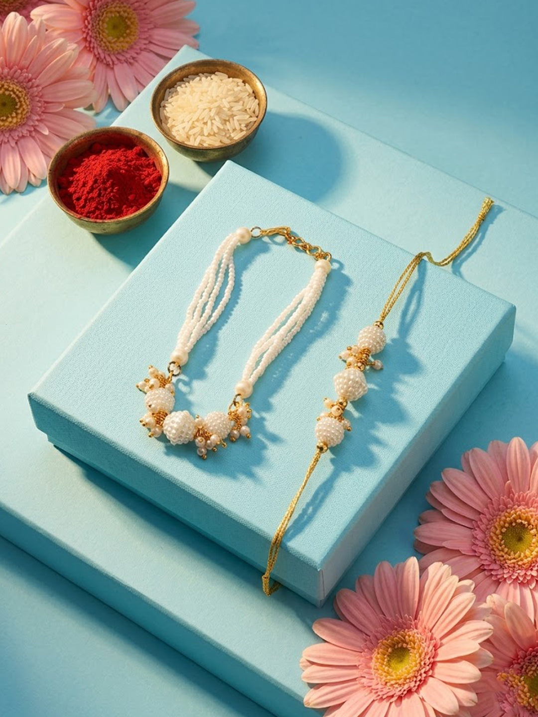 NVR Set of 2 Gold Toned & White Pearls Bhaiya Bhabhi Rakhi with Roli Chawal Chandan Mishri | Grocsy