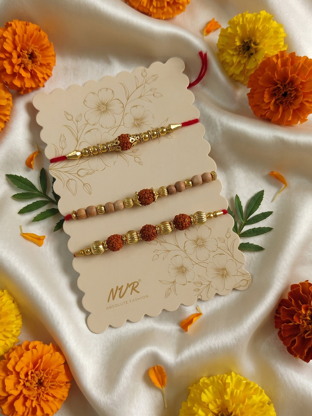 NVR Set of 3 Religious Rudraksh Red Thread Rakhi With Roli Chawal Chandan Mishri | Grocsy