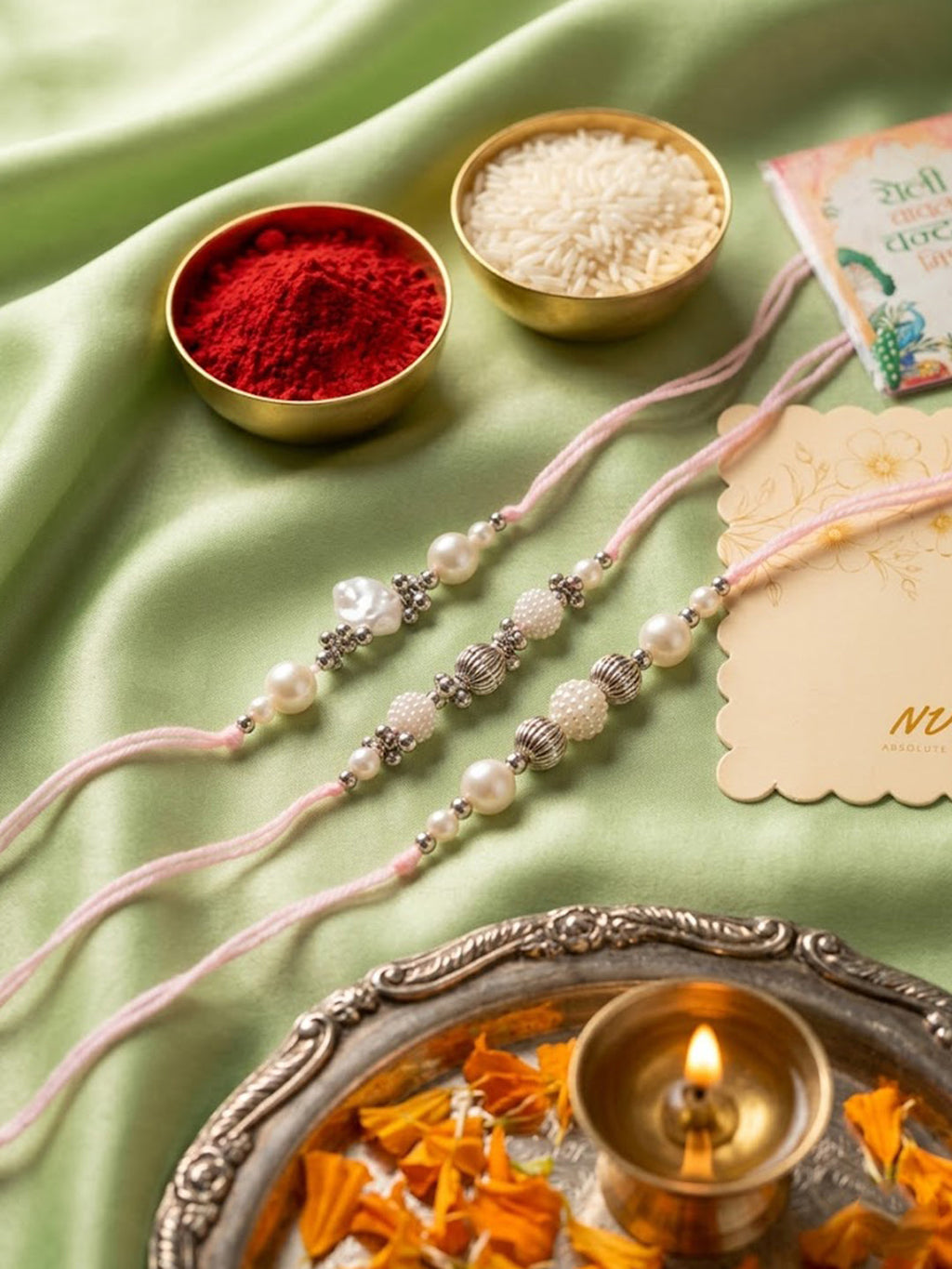 NVR Set of 3 White Pearls Thread Rakhi with Roli Chawal Chandan Mishri | Grocsy