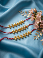 NVR Set of 3 Gold Toned Ghungroo & Red Thread Rakhi With Roli Chawal Chandan Mishri | Grocsy