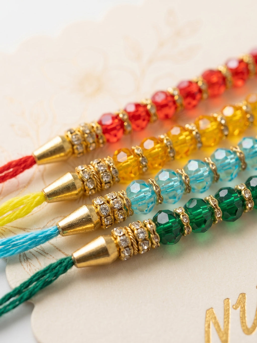 NVR Set of 4 Multicolor Artificial Beads Thread Rakhi with Roli Chawal Chandan Mishri | Grocsy