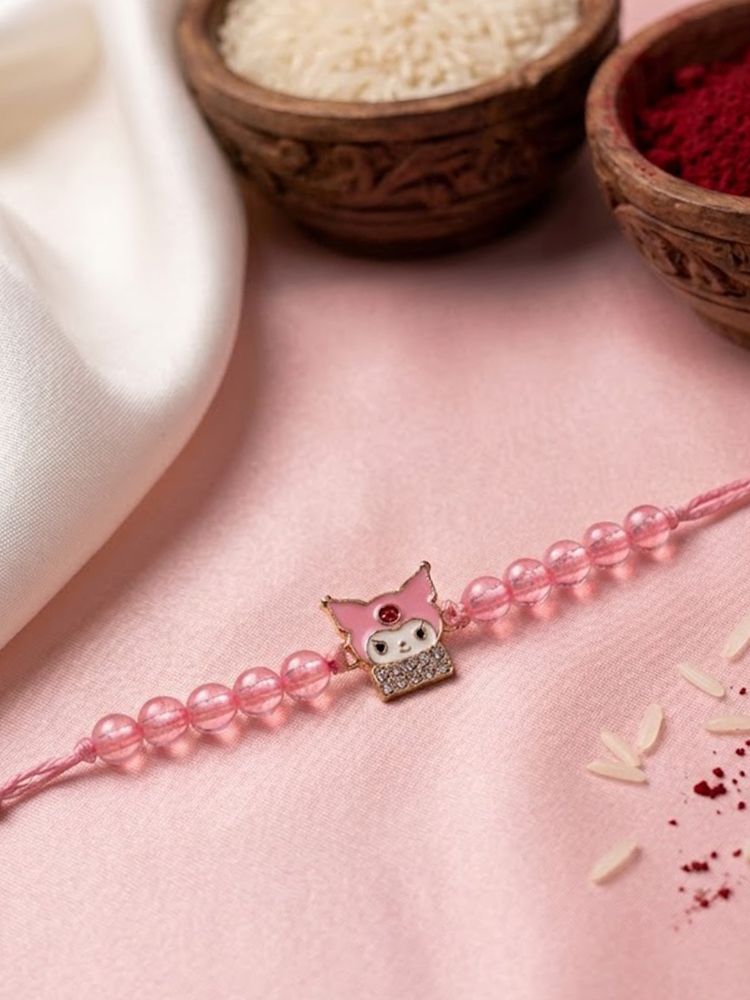 NVR Pink Transparent Beaded Cartoon Character Kids Rakhi with Roli Chawal Chandan Mishri | Grocsy