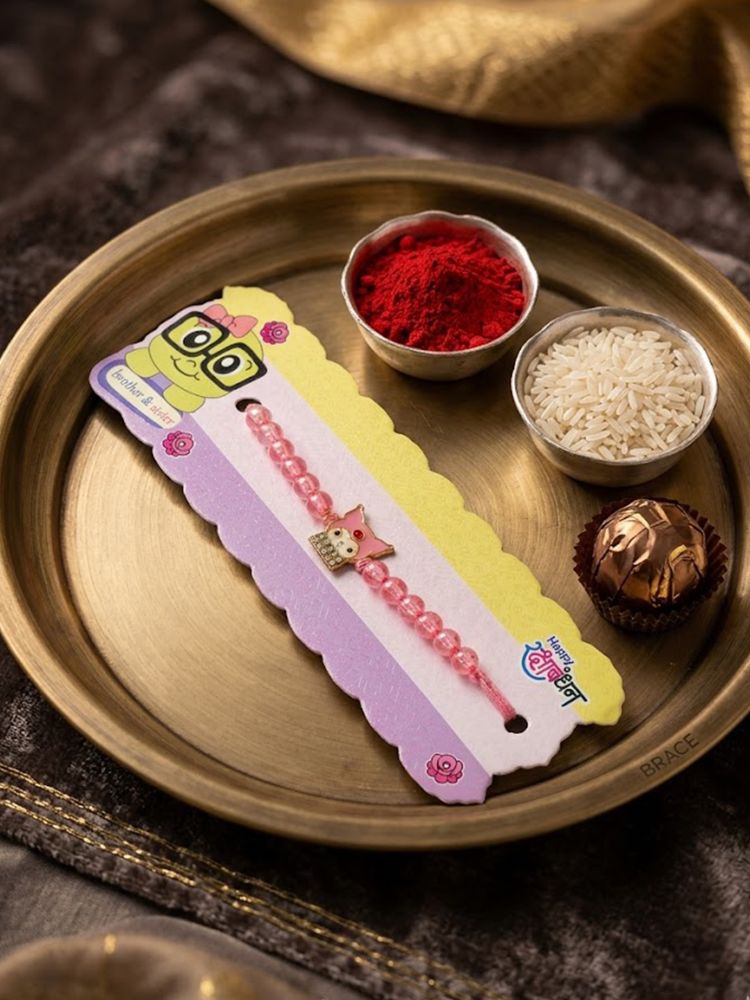 NVR Pink Transparent Beaded Cartoon Character Kids Rakhi with Roli Chawal Chandan Mishri | Grocsy