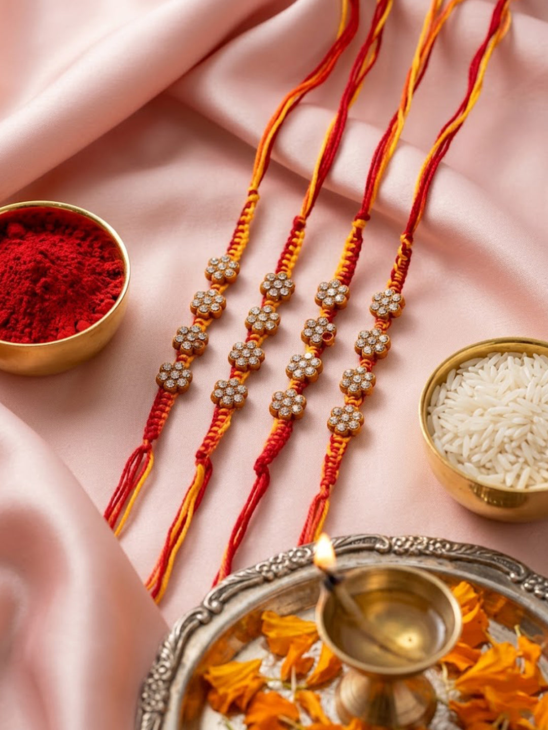 NVR Set of 4 Artificial Stones Floral Design Thread Rakhi with Roli Chawal Chandan Mishri | Grocsy