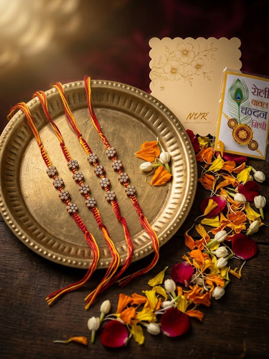 NVR Set of 4 Artificial Stones Floral Design Thread Rakhi with Roli Chawal Chandan Mishri | Grocsy