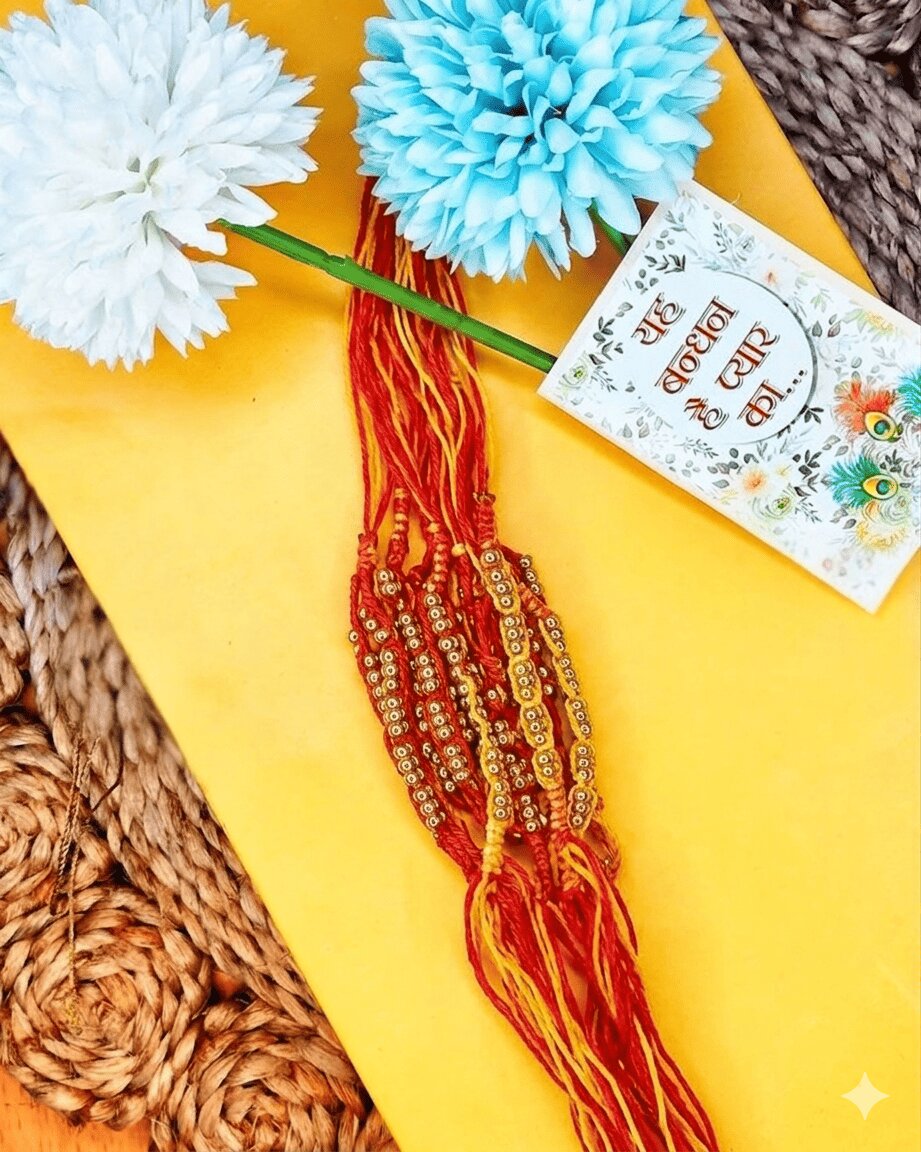 NVR Set of 6 Yellow & Red Thread Rakhi with Roli Chawal Chandan Mishri | Grocsy