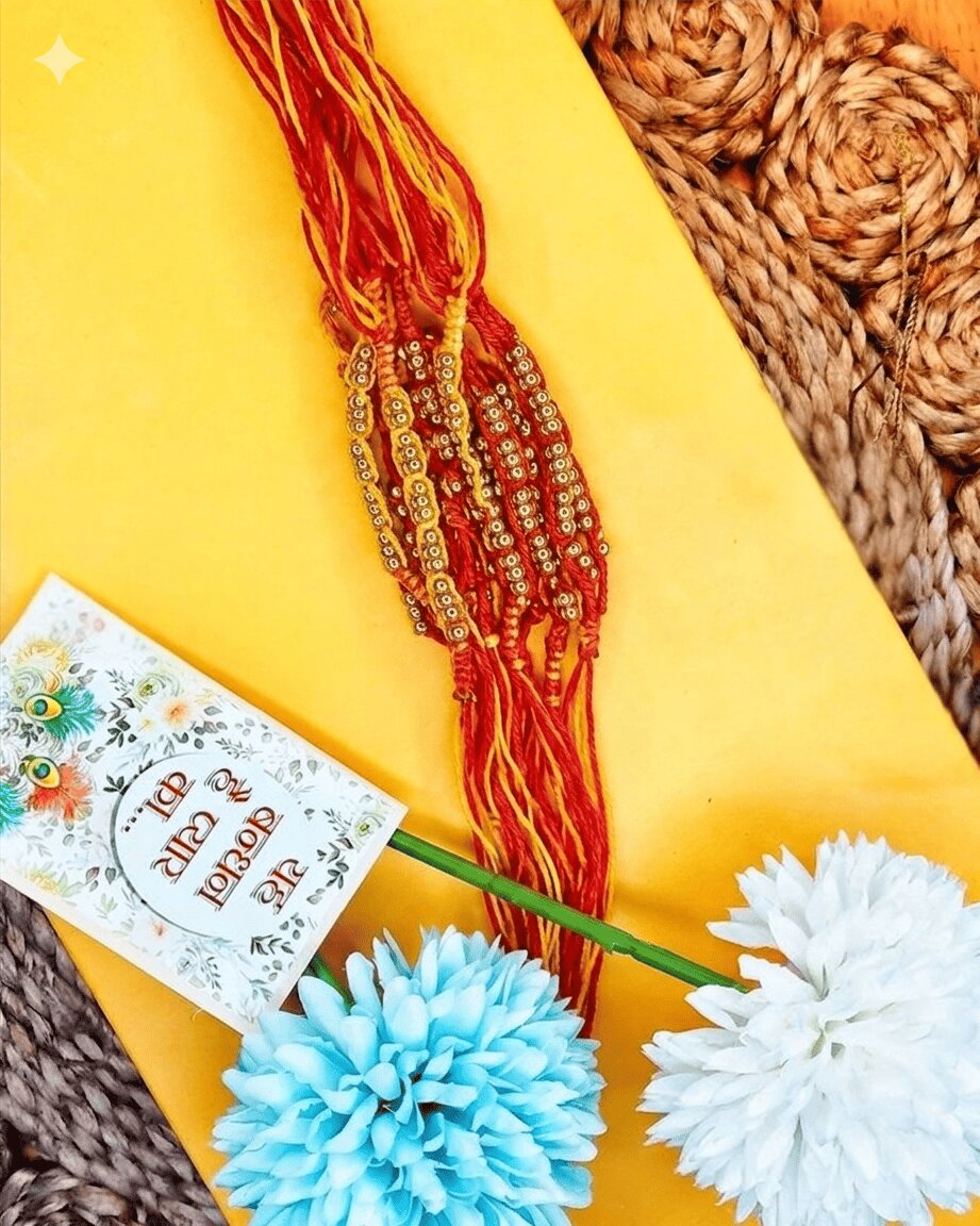 NVR Set of 6 Yellow & Red Thread Rakhi with Roli Chawal Chandan Mishri | Grocsy