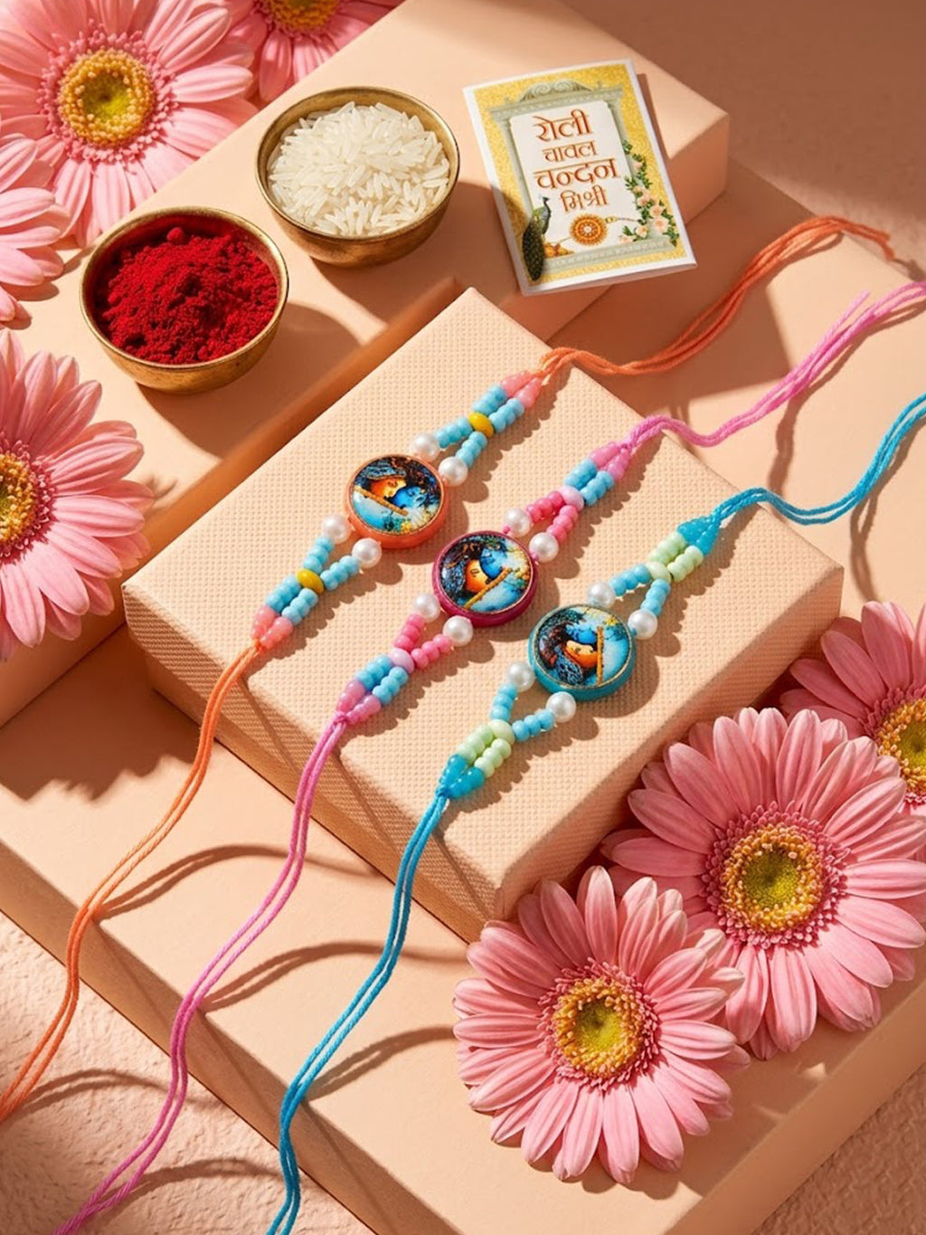 NVR Set of 3 Radha Krishna Thread Rakhi with Roli Chawal Chandan Mishri | Grocsy