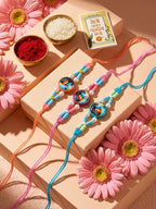 NVR Set of 3 Radha Krishna Thread Rakhi with Roli Chawal Chandan Mishri | Grocsy