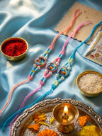 NVR Set of 3 Radha Krishna Thread Rakhi with Roli Chawal Chandan Mishri | Grocsy