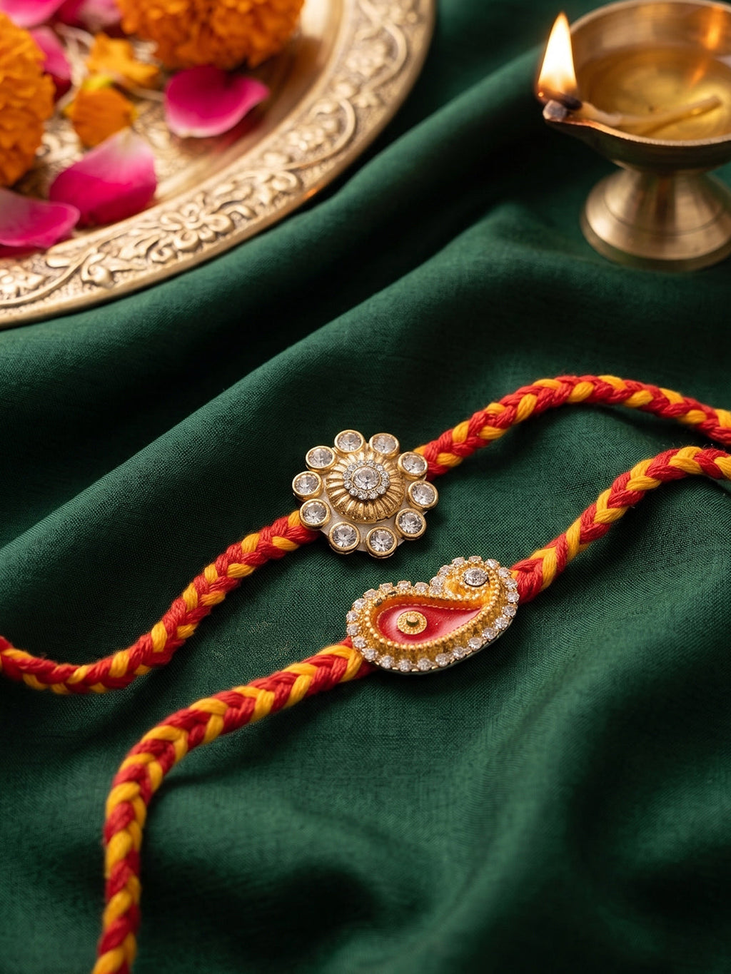 NVR Set of 2 Gold & Red Thread & Kundan Rakhi with Roli Chawal Chandan Mishri | Grocsy